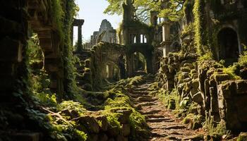 ai genererad gammal ruiner i de skog, en mystisk resa destination genererad förbi ai foto