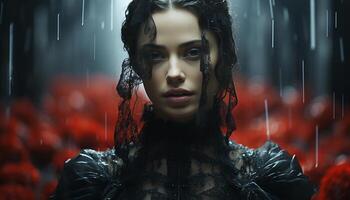 ai genererad skön kvinna med våt hår ser på kamera i regn genererad förbi ai foto