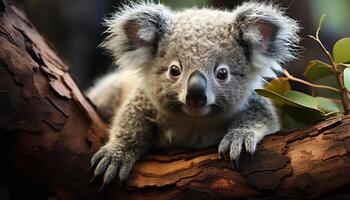 ai genererad söt koala Sammanträde på gren, ser på kamera i skog genererad förbi ai foto