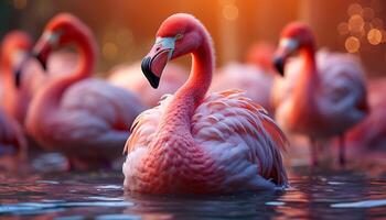 ai genererad vibrerande rosa flamingos plask i en lugn karibiska damm genererad förbi ai foto