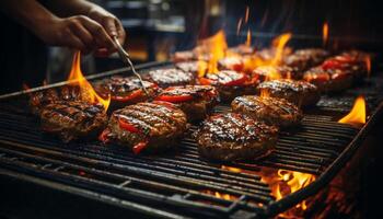 ai genererad grillad kött på brand, utegrill matlagning, värme och rök genererad förbi ai foto