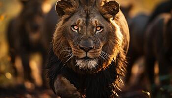 ai genererad majestätisk lejon, kung av de savann, stirrande med våldsam skönhet genererad förbi ai foto