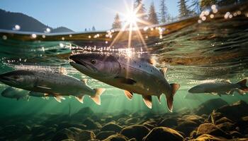 ai genererad majestätisk under vattnet äventyr fisk simning i sötvatten damm genererad förbi ai foto