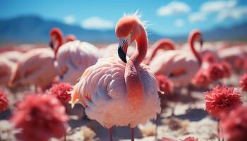 ai genererad vibrerande rosa flamingos flyga fritt över de lugn karibiska kustlinje genererad förbi ai foto