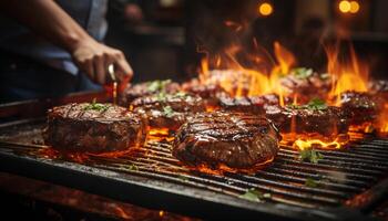 ai genererad grillad biff, flamma, rök en perfekt sommar utegrill måltid genererad förbi ai foto