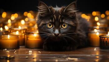 ai genererad söt kattunge stirrande på ljus flamma, halloween firande genererad förbi ai foto