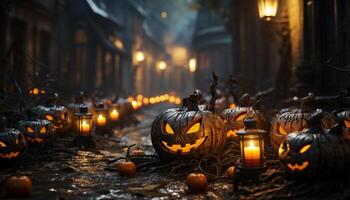 ai genererad läskigt halloween natt, pumpa lyktor glöd i mörk firande genererad förbi ai foto