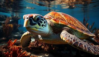 ai genererad tropisk sköldpadda simning i blå hav, en skön syn genererad förbi ai foto