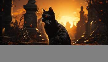ai genererad läskigt kattunge sitter på gravsten, halloween natt, ondska natur genererad förbi ai foto