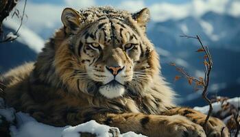 ai genererad majestätisk bengal tiger stirrande, dess randig päls en vinter- skönhet genererad förbi ai foto