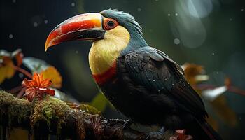 ai genererad en vibrerande toucan sittpinnar på en gren i de regnskog genererad förbi ai foto