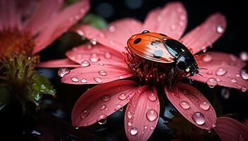 ai genererad vibrerande nyckelpiga på våt blomma, reflekterande natur skönhet genererad förbi ai foto