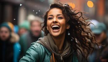 ai genererad ung kvinna gående i de regn, leende med förtroende genererad förbi ai foto