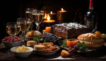ai genererad en rustik tabell med gourmet måltid, vin, och firande genererad förbi ai foto
