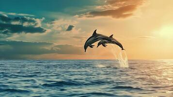ai genererad två delfiner Hoppar ut av vatten på solnedgång. generativ ai. foto