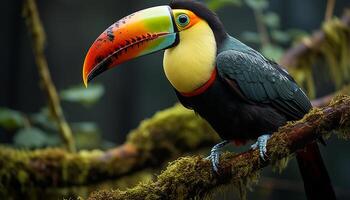 ai genererad en vibrerande toucan sittpinnar på en gren i de regnskog genererad förbi ai foto
