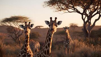 ai genererad giraffer i de savann på solnedgång. foto