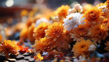 ai genererad en vibrerande bukett av krysantemum, prästkragar, och gerbera daisy genererad förbi ai foto