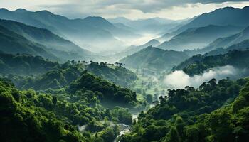 ai genererad berg topp i dimma, lugn äng, grön skog, panorama- landskap genererad förbi ai foto