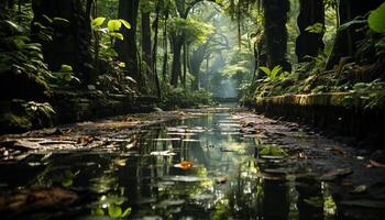 ai genererad lugn scen grön skog, lummig träd, reflekterande i damm genererad förbi ai foto