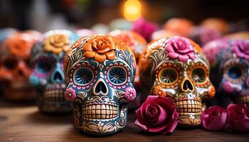 ai genererad dag av de död- firande färgrik skallar symbolisera mexikansk kultur genererad förbi ai foto
