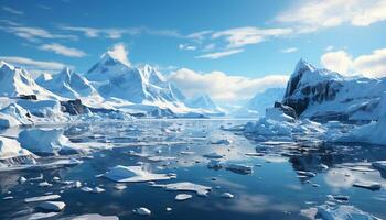 ai genererad frysta arktisk landskap, majestätisk berg topp, smältande is isflak genererad förbi ai foto