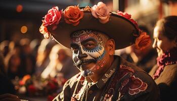 ai genererad leende män och kvinnor i traditionell Kläder fira halloween fest genererad förbi ai foto