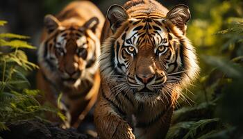 ai genererad majestätisk bengal tiger gående i de tropisk regnskog, stirrande våldsamt genererad förbi ai foto