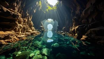 ai genererad majestätisk berg speglar i mörk under vattnet grotta, natur mysterium genererad förbi ai foto