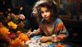 ai genererad en söt, glad flicka målning, leende med kreativitet och glädje genererad förbi ai foto