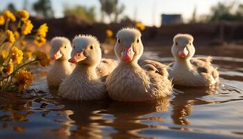 ai genererad söt ankunge och gosling quacking nära de damm genererad förbi ai foto