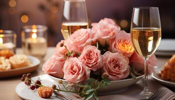 ai genererad romantisk bröllop firande vin, ljus, blomma, champagne, elegans, gourmet, kärlek genererad förbi ai foto