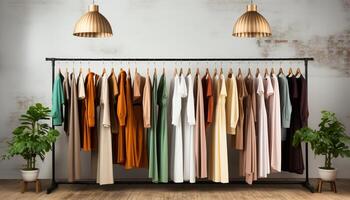 ai genererad modern Kläder samling hängande i en modern boutique garderob genererad förbi ai foto