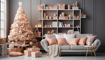 ai genererad mysigt levande rum med modern dekor, upplyst förbi jul träd genererad förbi ai foto