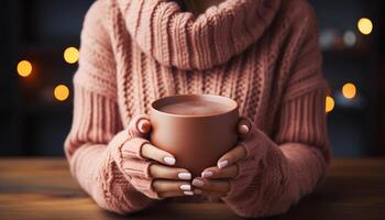 ai genererad ung vuxen kvinna innehav kaffe kopp, njuter mysigt vinter- värme genererad förbi ai foto