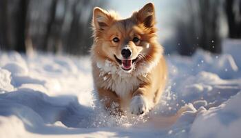 ai genererad söt valp spelar i de snö, renrasig hund njuter vinter- genererad förbi ai foto