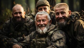 ai genererad en grupp av leende veteraner i militär enhetlig utomhus genererad förbi ai foto