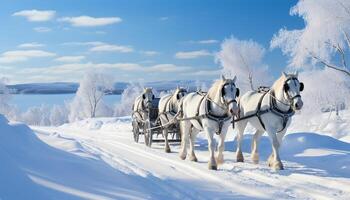 ai genererad häst dragen släde glider genom snöig arktisk landskap, vinter- skönhet genererad förbi ai foto