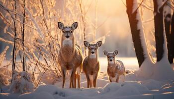 ai genererad söt hind stående i vinter- skog, ser på kamera genererad förbi ai foto