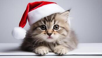 ai genererad söt kattunge bär en vinter- keps firar ny charmig gåva genererad förbi ai foto