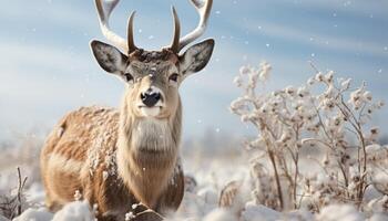 ai genererad en söt rådjur står i de snöig skog, ser på du genererad förbi ai foto