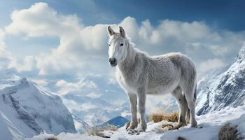 ai genererad söt hund ser på kamera i snöig berg landskap genererad förbi ai foto