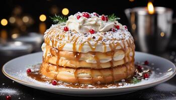 ai genererad nyligen bakad pannkakor med vispad grädde, choklad sås, och bär genererad förbi ai foto