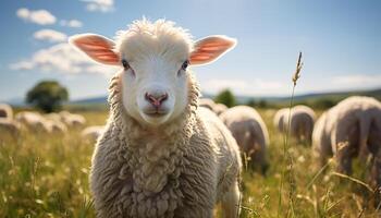 ai genererad söt lamm betning på grön äng, omgiven förbi fluffig får genererad förbi ai foto