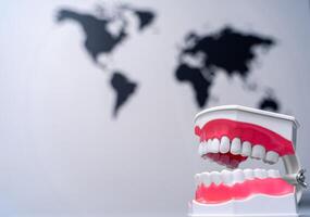 artificiell dental käke på värld bakgrund. tandläkare närbild Utrustning. foto
