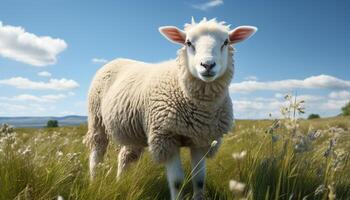 ai genererad söt lamm betning i grön äng, ser på kamera genererad förbi ai foto