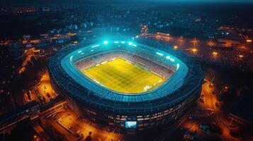 ai genererad antenn se av en fotboll stadion i de kväll en fängslande sporter panorama. skymning locka, ai genererad. foto