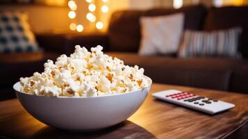 ai genererad full popcorn skål, TV avlägsen i bakgrund. Hem bekvämlighet, ai genererad. foto