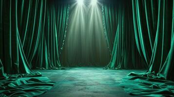 ai genererad grön sammet gardiner ram ett tömma teater skede, avvaktan de strålkastare. klassisk, ai genererad. foto