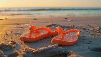 ai genererad vibrerande orange Flip flops resten på solkysst sandstrand, ai genererad. foto